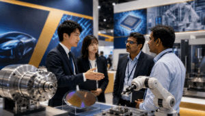 インドの製造業展示会で商談する日本企業とインド企業の担当者