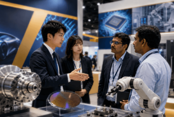 インドの製造業展示会で商談する日本企業とインド企業の担当者