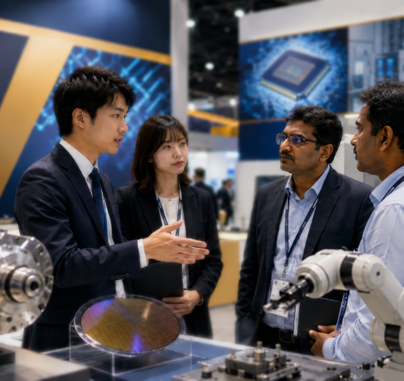 インドの製造業展示会で商談する日本企業とインド企業の担当者